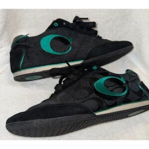 Coach Women's 8.5M Black & Teal Suede Perrie Sneakers Monogram A1029
